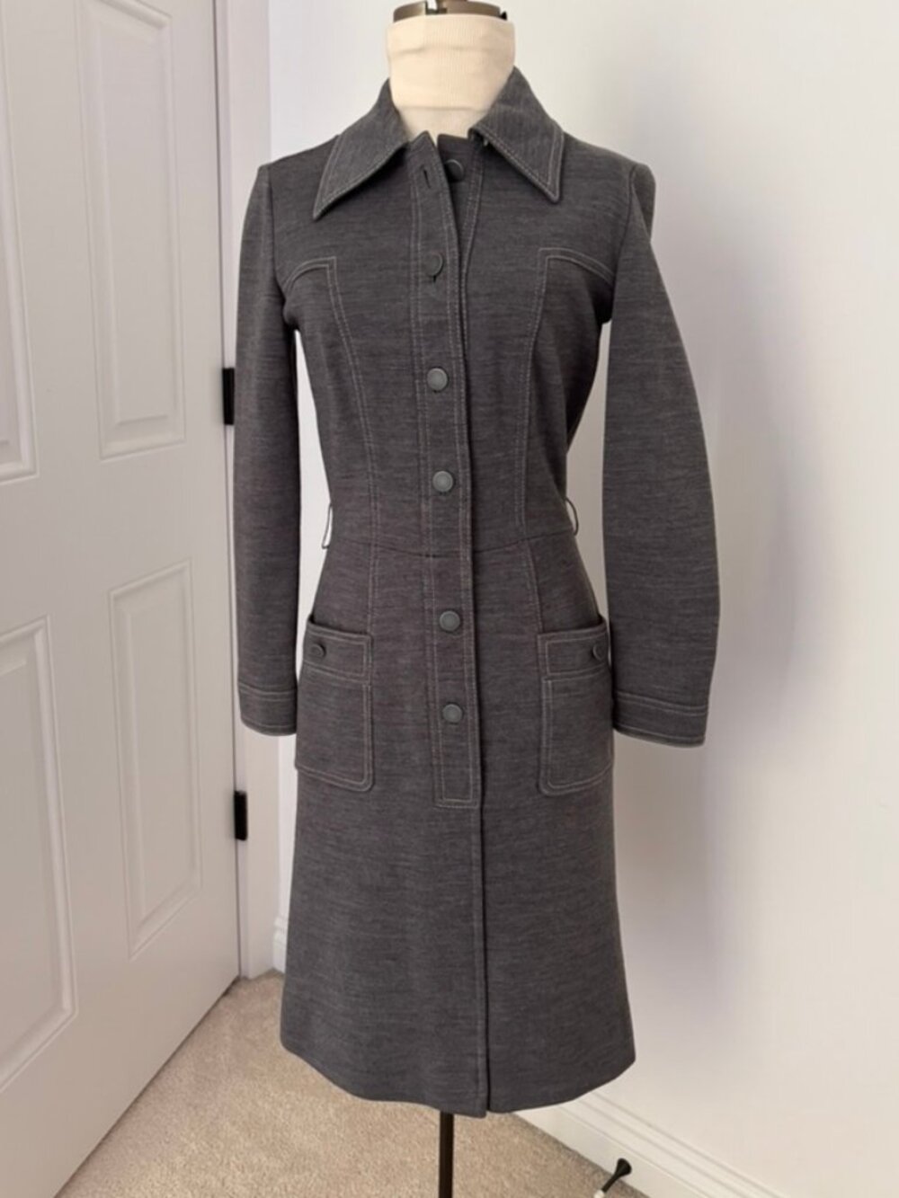 Vintage Butte Knits charcoal shirt dress from the 1970s contrast white stitching